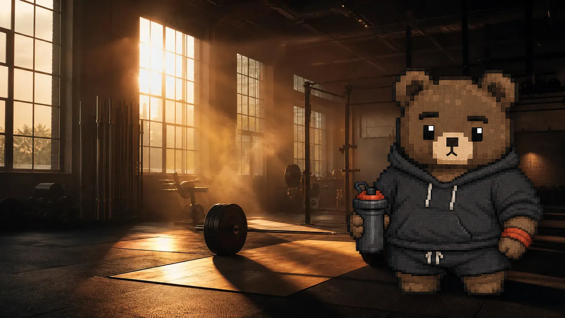Gymmy beside a loaded barbell in a quiet gym